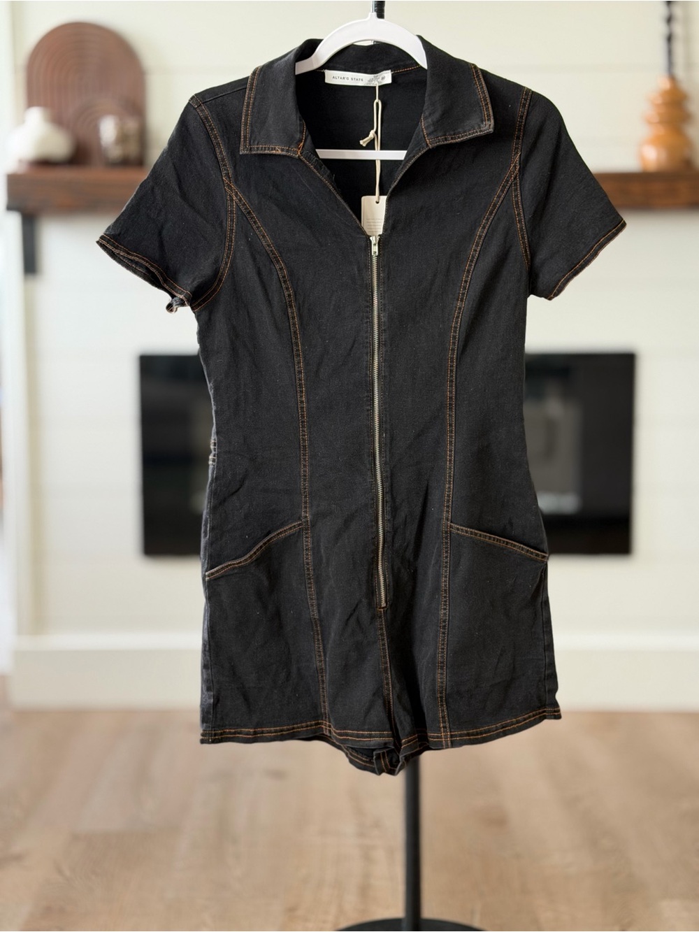 Altar'd State Black Short-Sleeve Zip Romper with Contrast Stitching